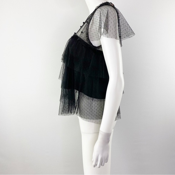 Zara Women's Black Sheer Mesh Lace Layered Short Sleeve Ruffle Top Size XS - Picture 4 of 9